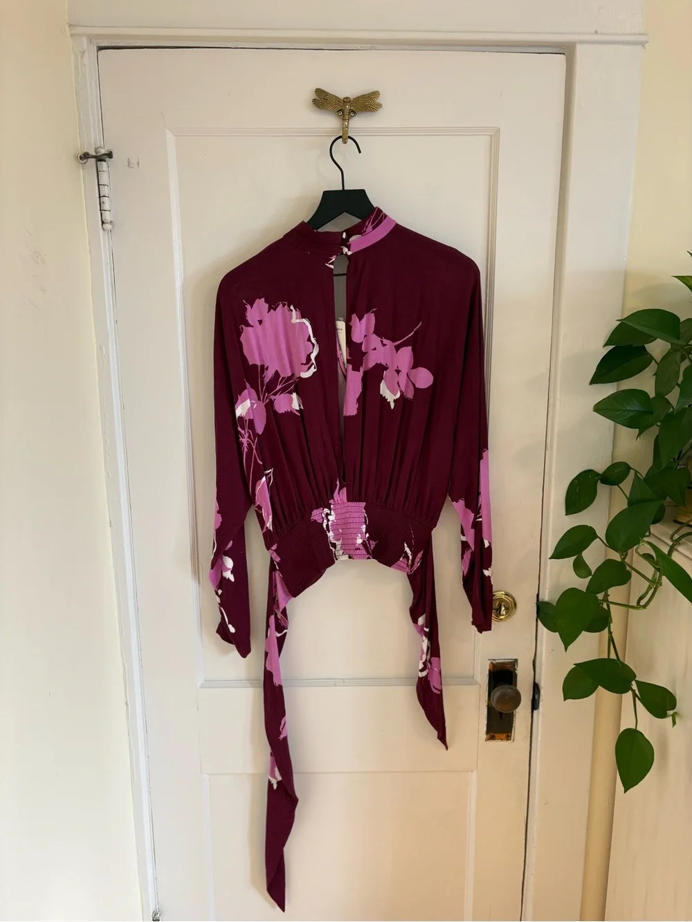 Free People Women’s Say You Love Me Plum Floral Tie-Front Top Small